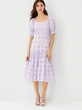 ANN TAYLOR Lavender Eyelet Scoop Neck Midi Dress with Puff Sleeves